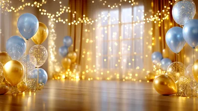 Festive Party Background With Gold And Blue Balloons