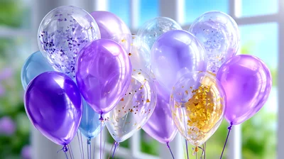 Bunch Of Purple And Clear Confetti Balloons
