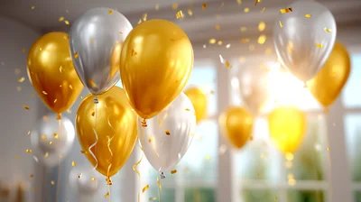 Floating Gold and Silver Balloons With Falling Confetti