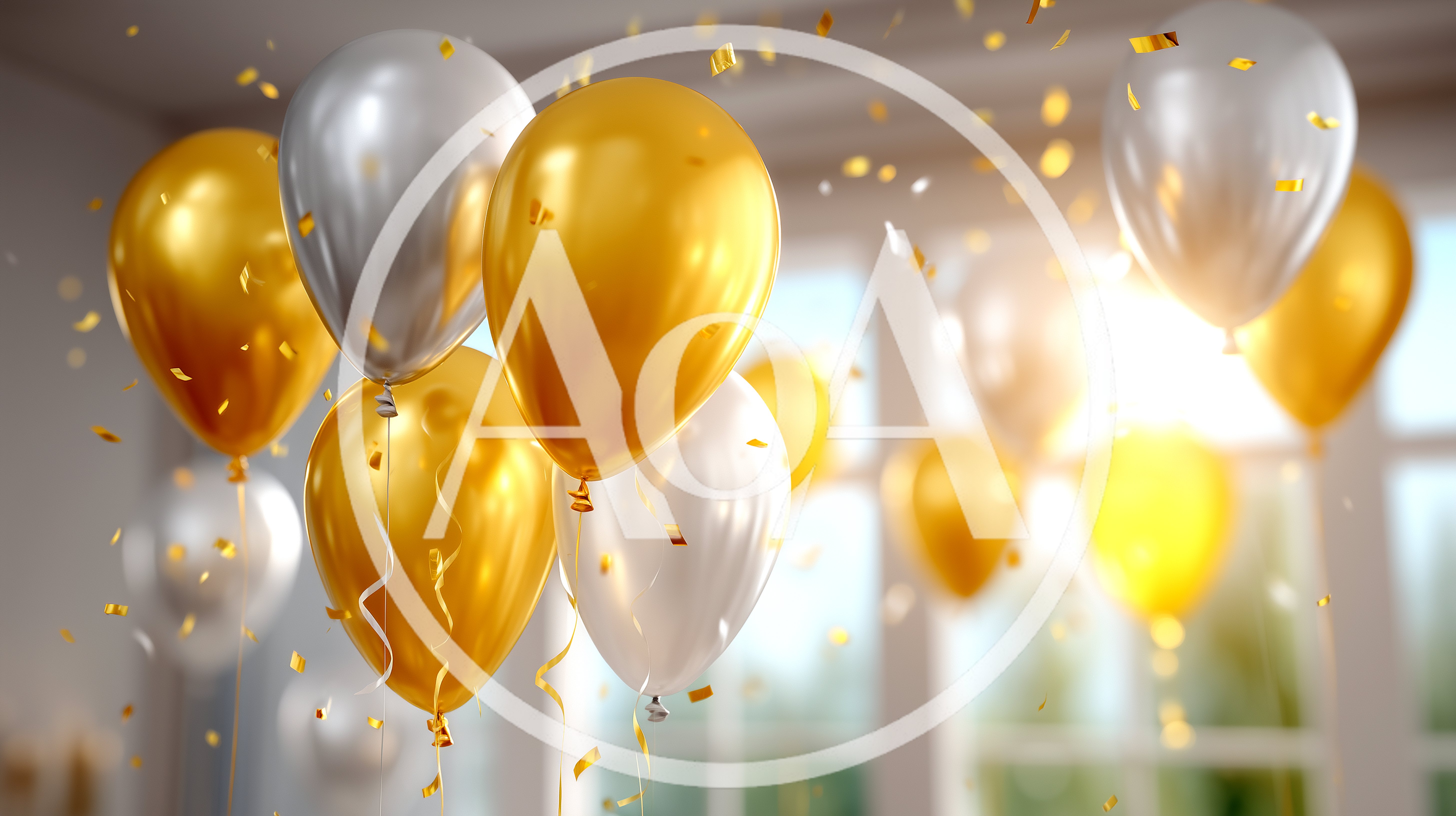 Floating Gold and Silver Balloons With Falling Confetti