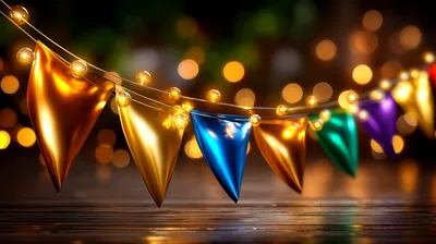 Festive Colorful Bunting Flags With Glowing String Lights