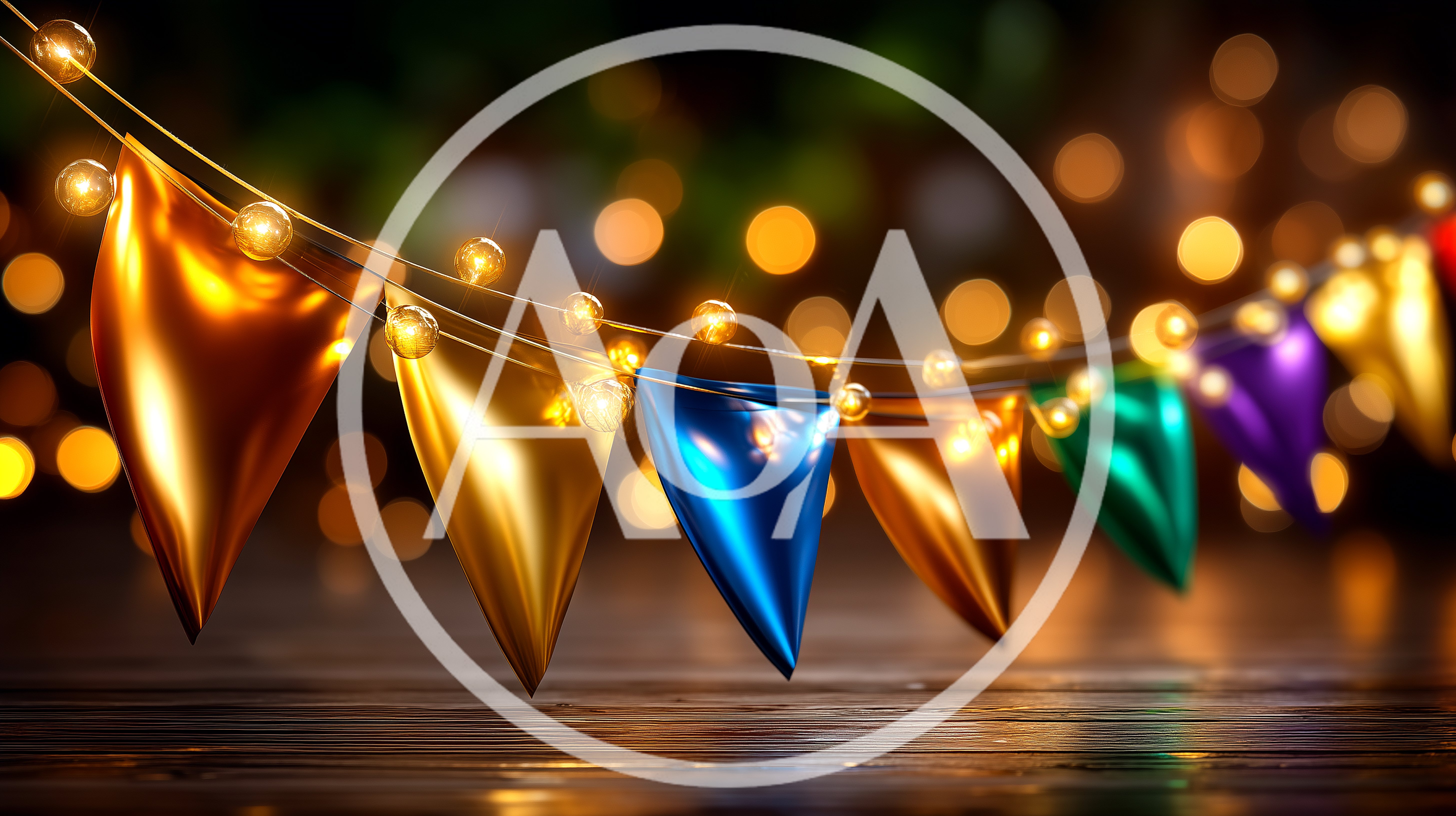 Festive Colorful Bunting Flags With Glowing String Lights