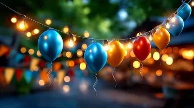 Festive Party Balloons And String Lights At Night