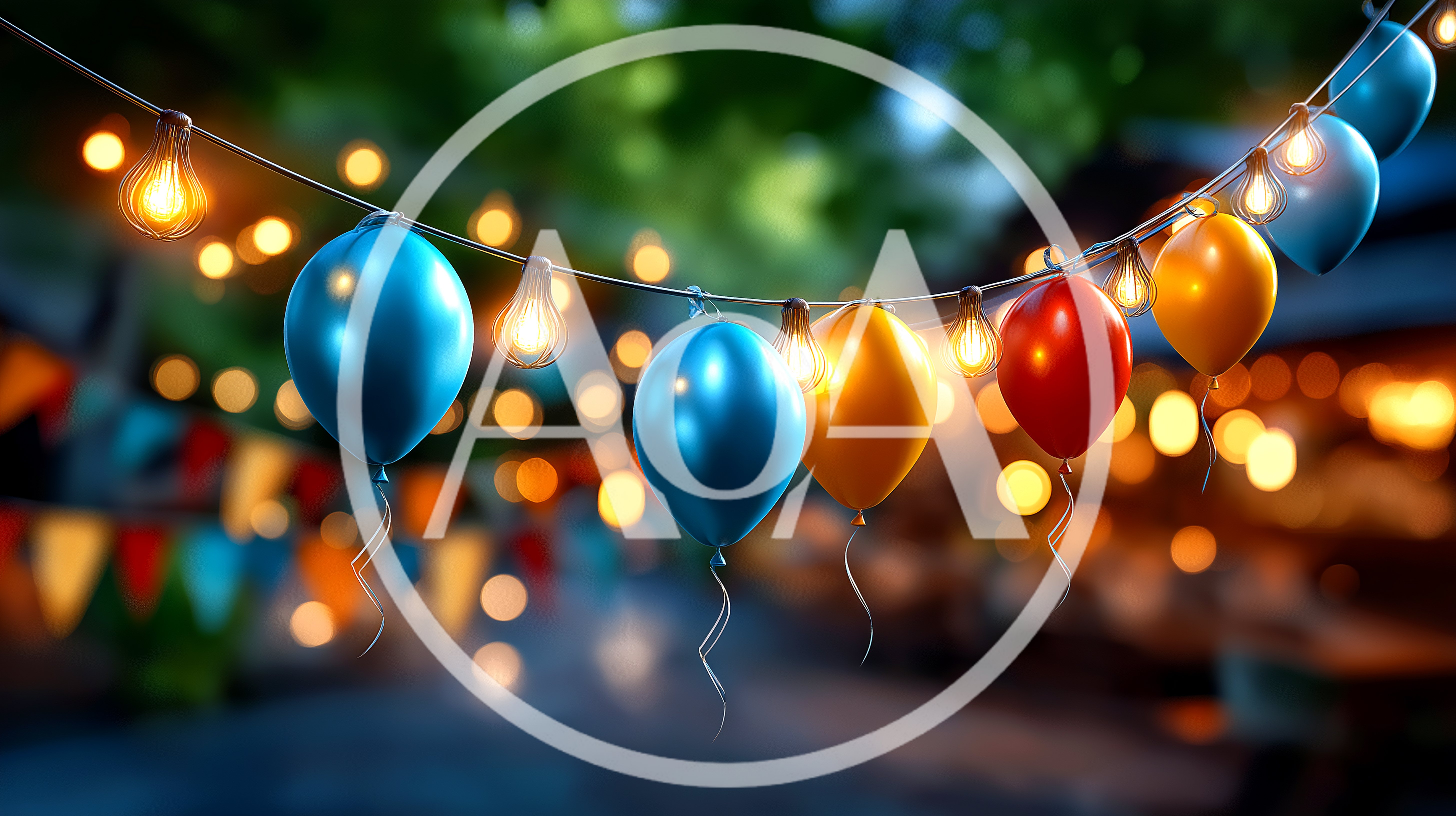 Festive Party Balloons And String Lights At Night