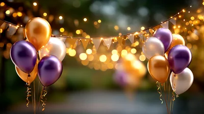 Festive Balloon Clusters With String Lights And Bunting