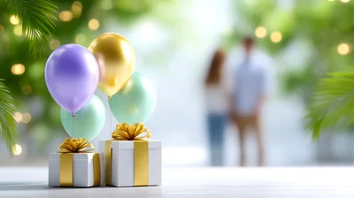 Gift Boxes With Pastel Balloons On A Table