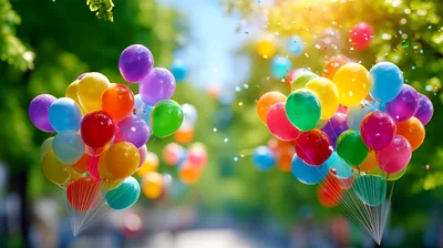 Two Bunches Of Colorful Balloons Floating Outdoors
