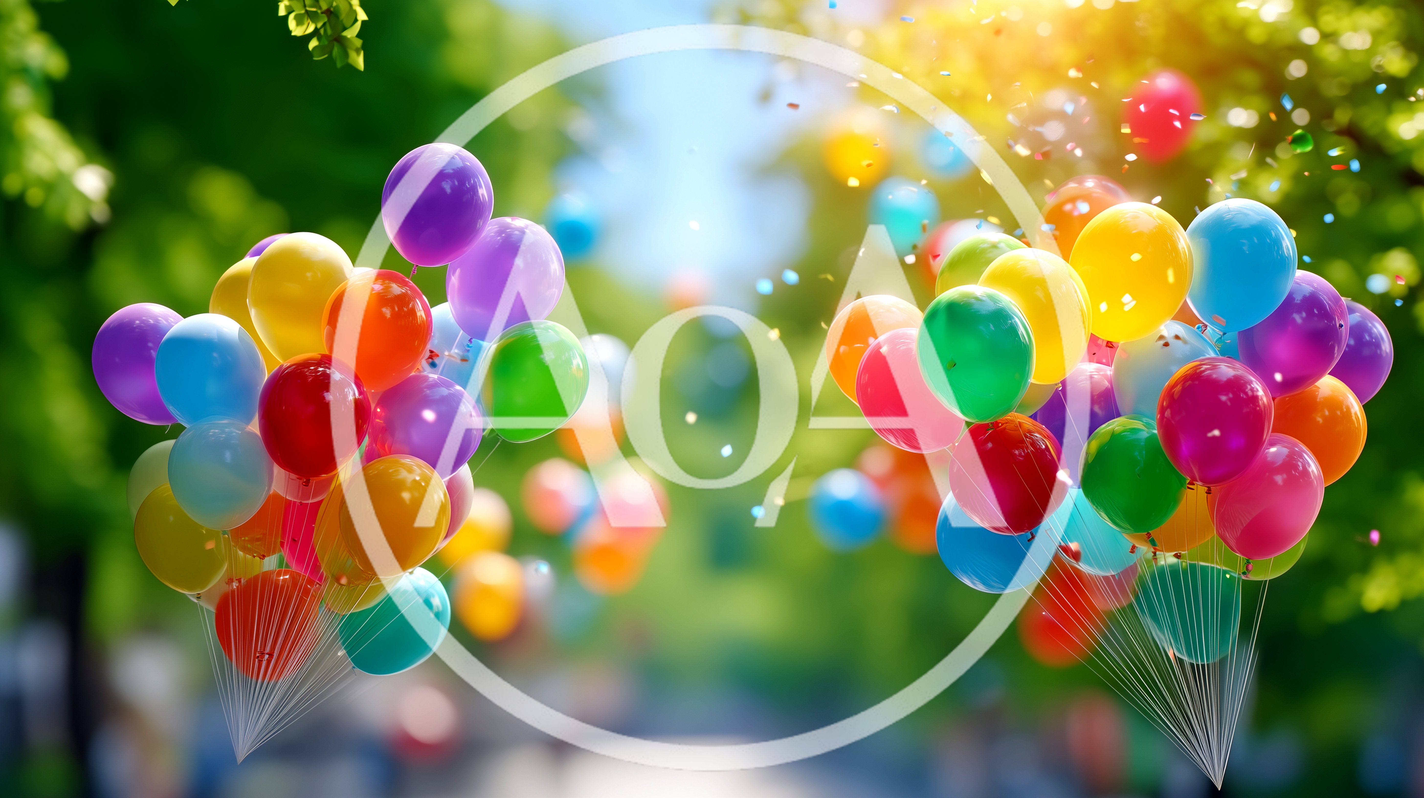 Two Bunches Of Colorful Balloons Floating Outdoors