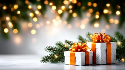 Two White Christmas Gift Boxes With Orange Ribbons