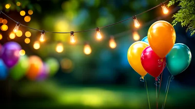 Colorful Balloons Under String Lights At Night