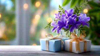 Gift Boxes With Purple Flowers On Wooden Table
