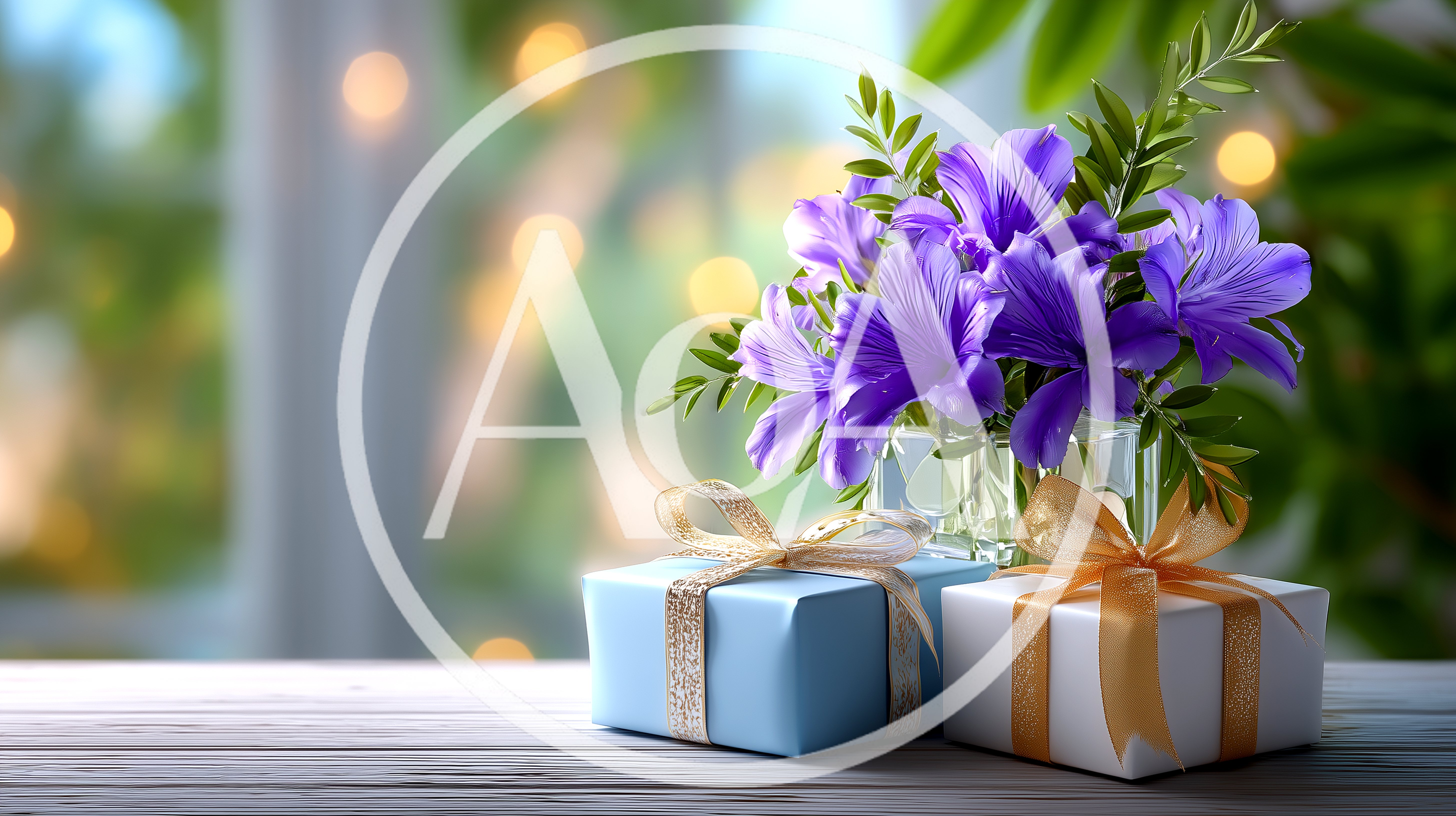 Gift Boxes With Purple Flowers On Wooden Table
