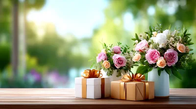 Gift Boxes And Flower Bouquets On A Wooden Table