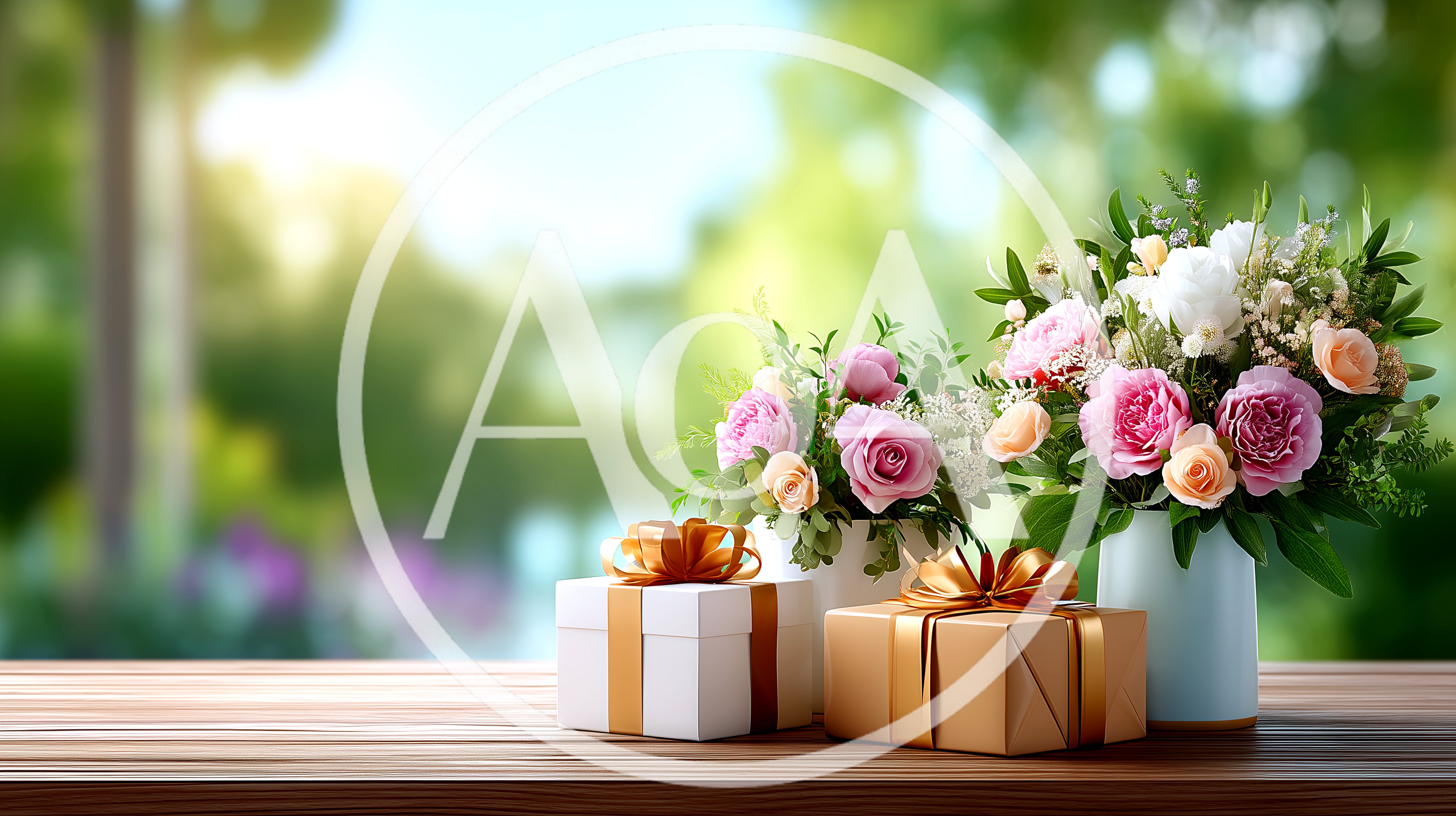 Gift Boxes And Flower Bouquets On A Wooden Table