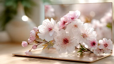 Cherry Blossom Branch Resting On A Laptop Keyboard
