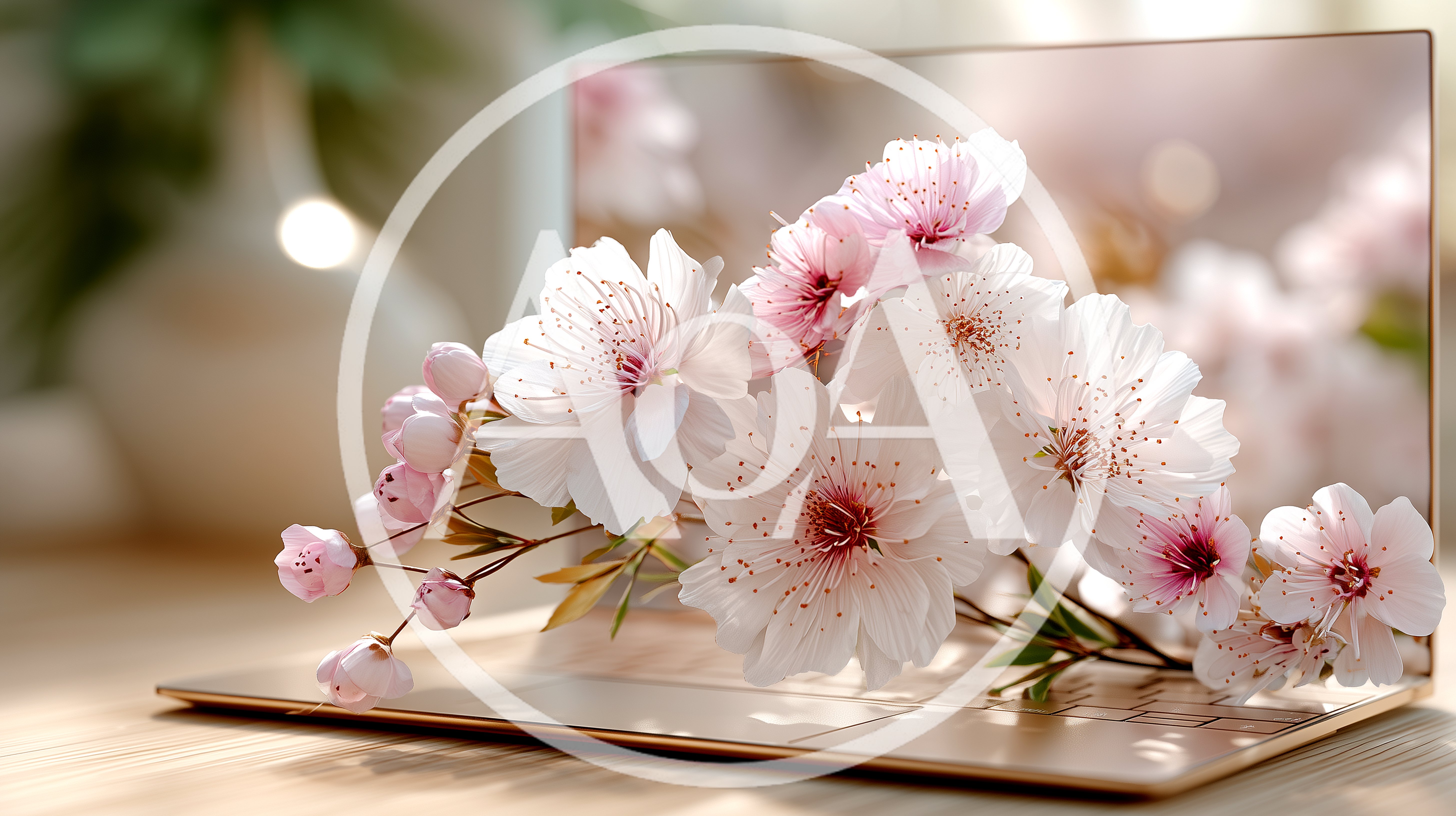 Cherry Blossom Branch Resting On A Laptop Keyboard