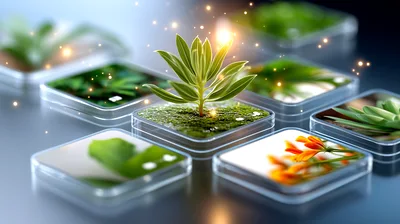 Digital Plant Growth Concept On Floating Glass Tiles