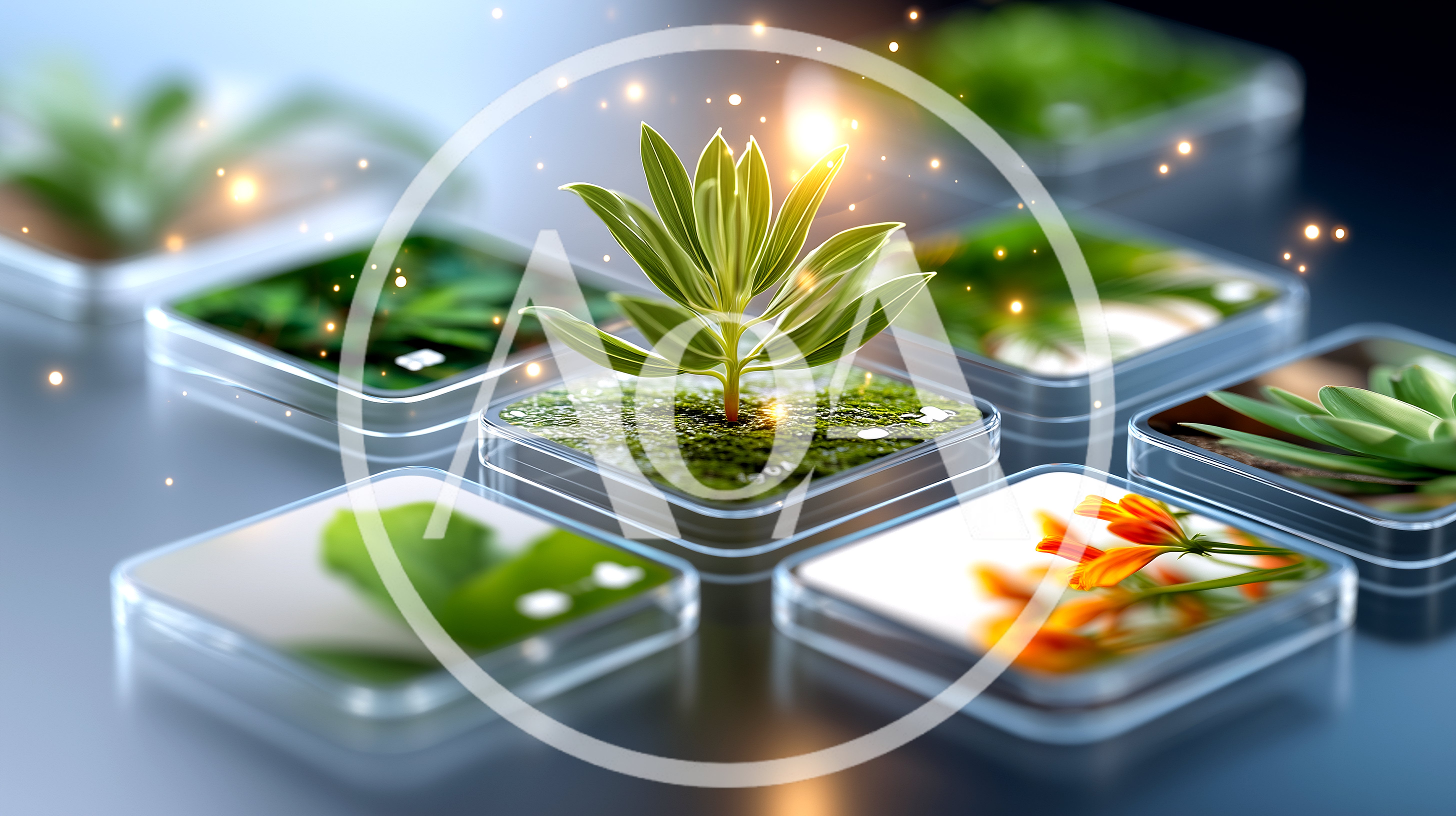 Digital Plant Growth Concept On Floating Glass Tiles