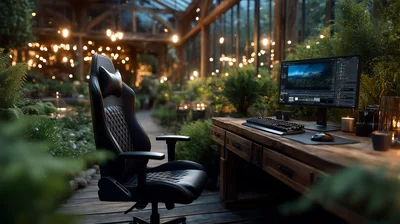 Gaming Chair And Computer Desk In Lush Greenhouse