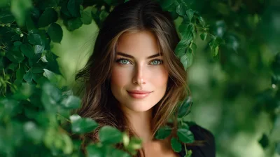 Portrait Of A Beautiful Woman Surrounded By Green Foliage