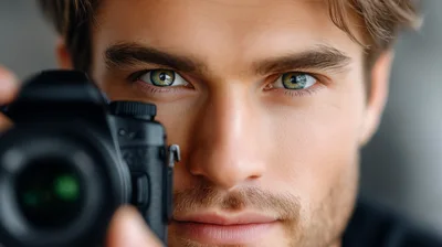 Close Up Portrait Of A Male Photographer Holding Camera