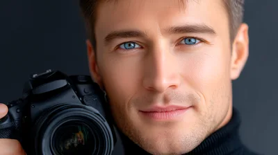 Portrait Of A Handsome Male Photographer Holding Camera