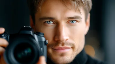 Portrait Of A Handsome Male Photographer Holding A Camera