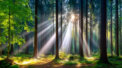 Sunlight Beams Streaming Through A Dense Coniferous Forest