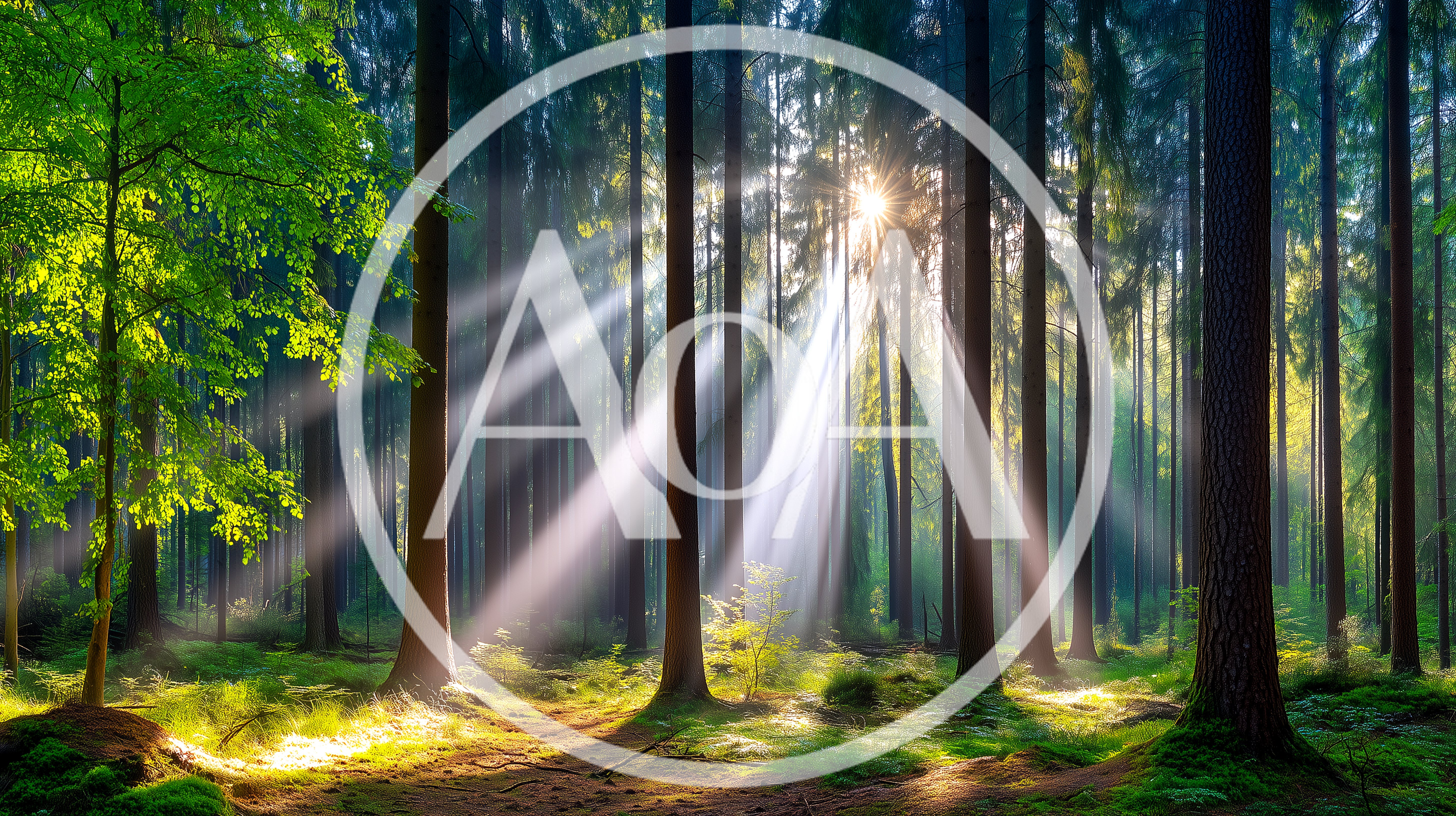 Sunlight Beams Streaming Through A Dense Coniferous Forest