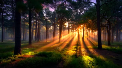 Golden Sunbeams Piercing Through A Dense Pine Forest