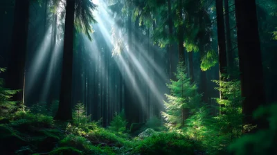 Sunlight Beams Piercing Through A Dense Coniferous Forest