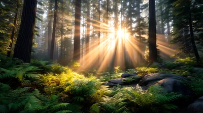 Sunlight Streaming Through Redwood Forest Trees