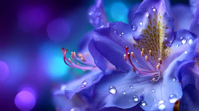 Close Up Of Purple Rhododendron Flowers With Dew Drops