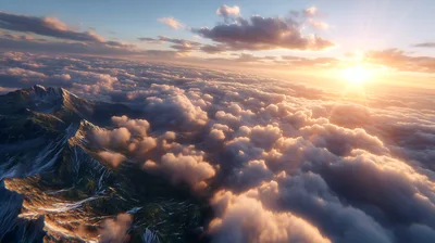 Aerial View Of Mountain Peaks Above Clouds At Sunset
