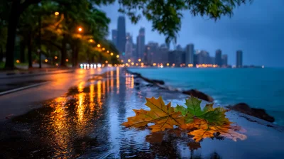 Autumn Maple Leaves On Wet Chicago Lakefront Path