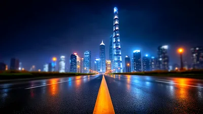 Empty Wet Road Leading To Shanghai City Skyline