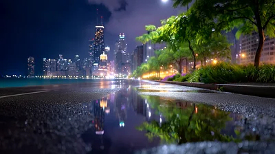 Chicago Skyline Reflection On Wet Waterfront Path At Night