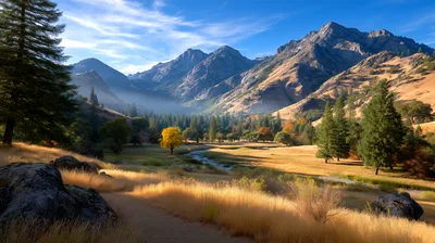 Scenic Mountain Valley Landscape With Golden Grass