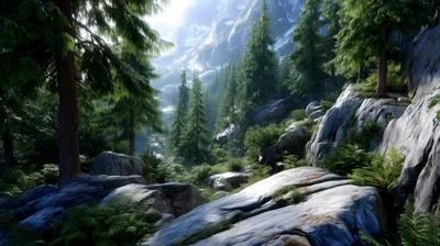 Sunlit Coniferous Forest In A Mountain Valley
