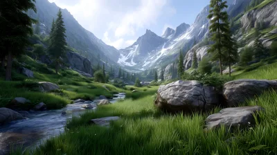 Scenic Mountain Valley With Flowing River And Pine Trees