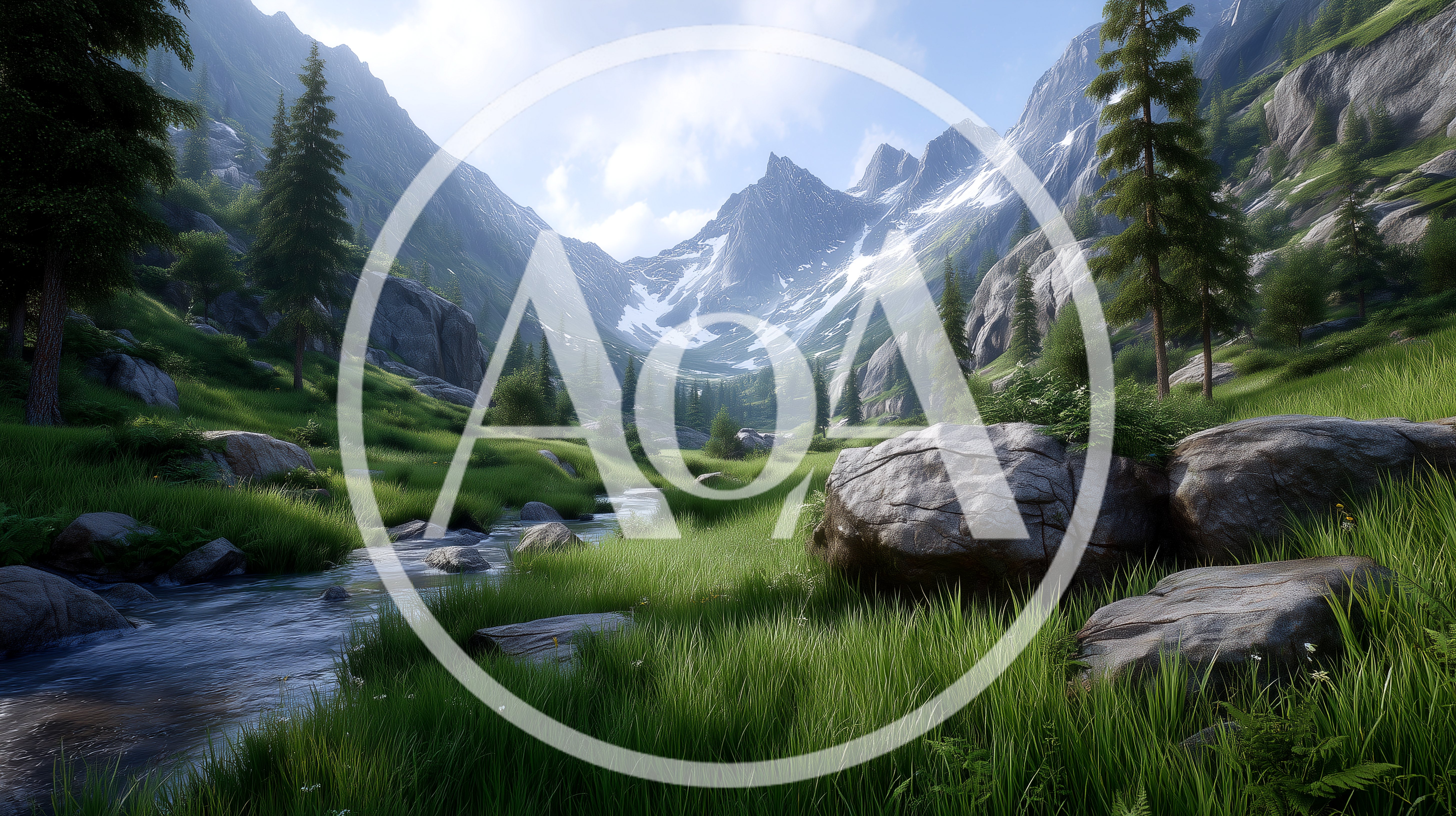 Scenic Mountain Valley With Flowing River And Pine Trees