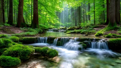 Serene Forest Stream With Mossy Rocks And Waterfall