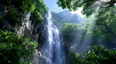 Majestic Waterfall Cascading Down Lush Green Mountain Cliff