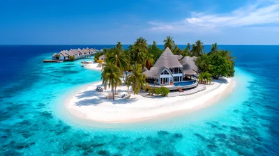 Aerial View Of A Tropical Island Resort In Maldives