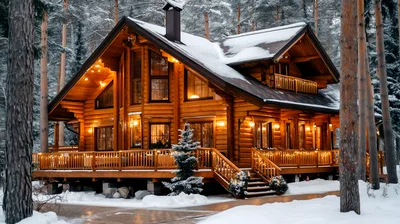 Cozy Log Cabin In Snowy Pine Forest