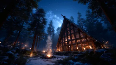 A-Frame Cabin In Snowy Forest At Night
