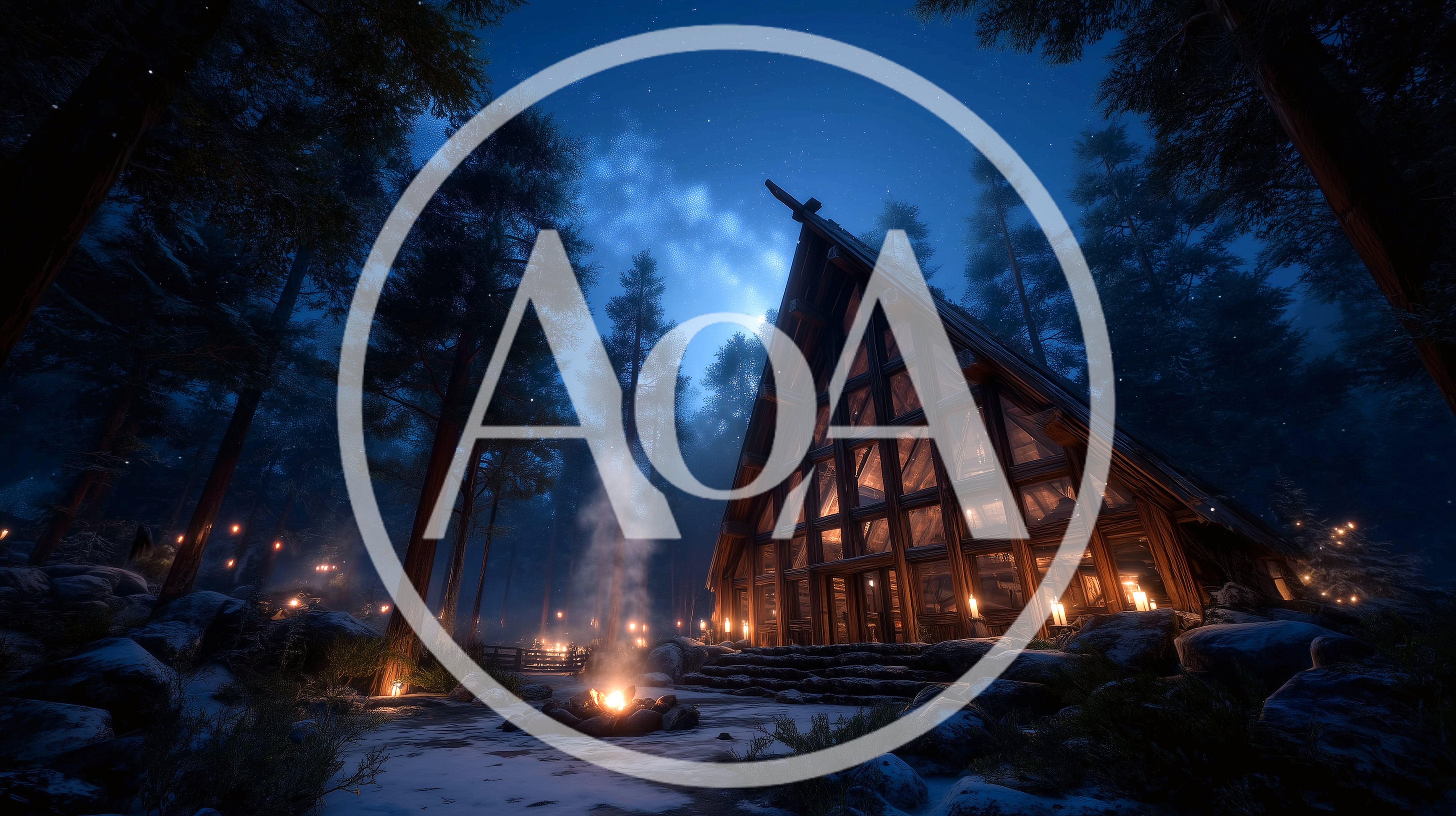 A-Frame Cabin In Snowy Forest At Night
