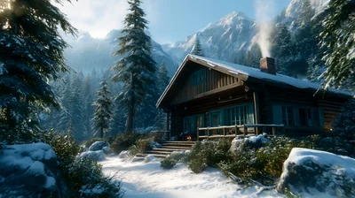 Cozy Log Cabin In Snowy Mountain Forest