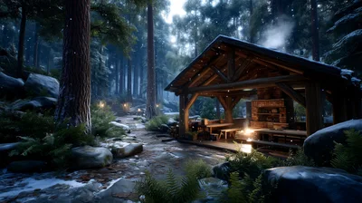 Cozy Wooden Pavilion With Fireplace In Snowy Forest