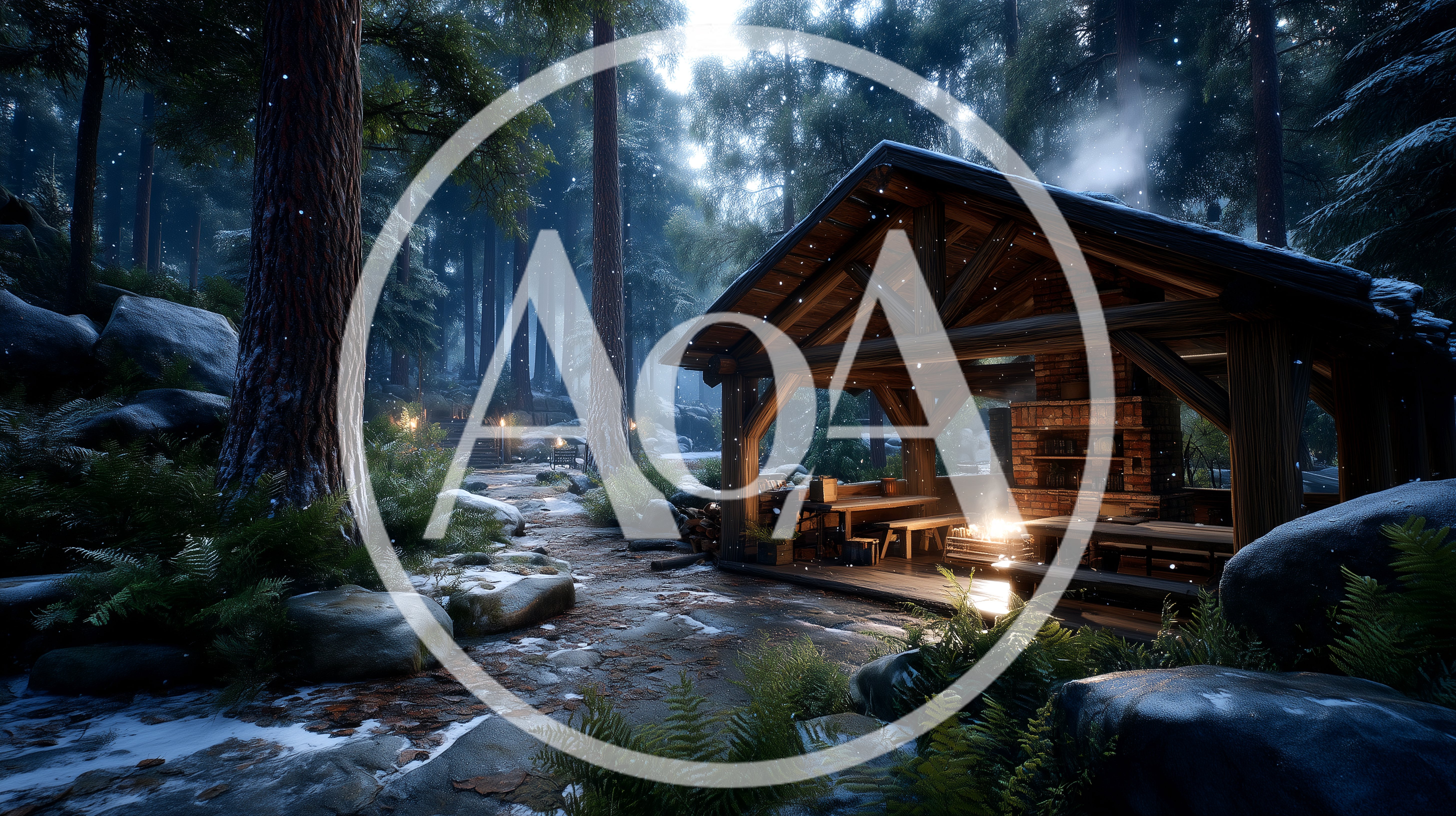 Cozy Wooden Pavilion With Fireplace In Snowy Forest